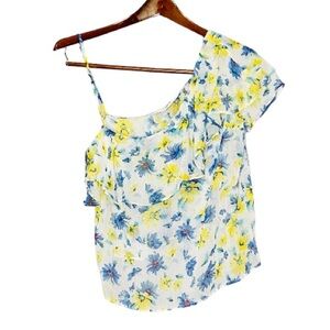 Zara Sheer Multicolor Floral Ruffles Print Asymmetric Top Blouse Size Medium